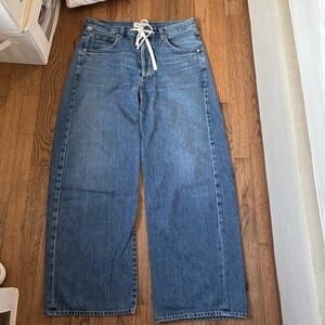 Blue Wide-Leg Jeans with White Drawstring